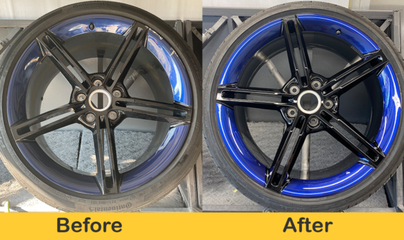 Before-and-After-wheel refinishing images of a 2020 Porsche Taycan completed by DC Wheel and Coating